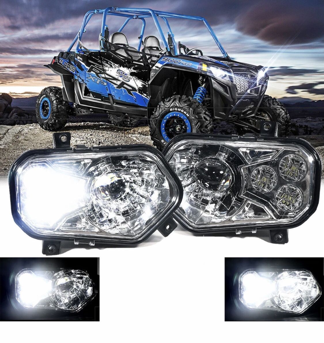 2x ATV LED Headlights High/Low Beam For Polaris Sportsman RZR Ranger XP 800/900