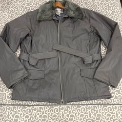 Gray Jacket With Removable Fur Sip Up front, And Tie Belt Waist Detail. Size L