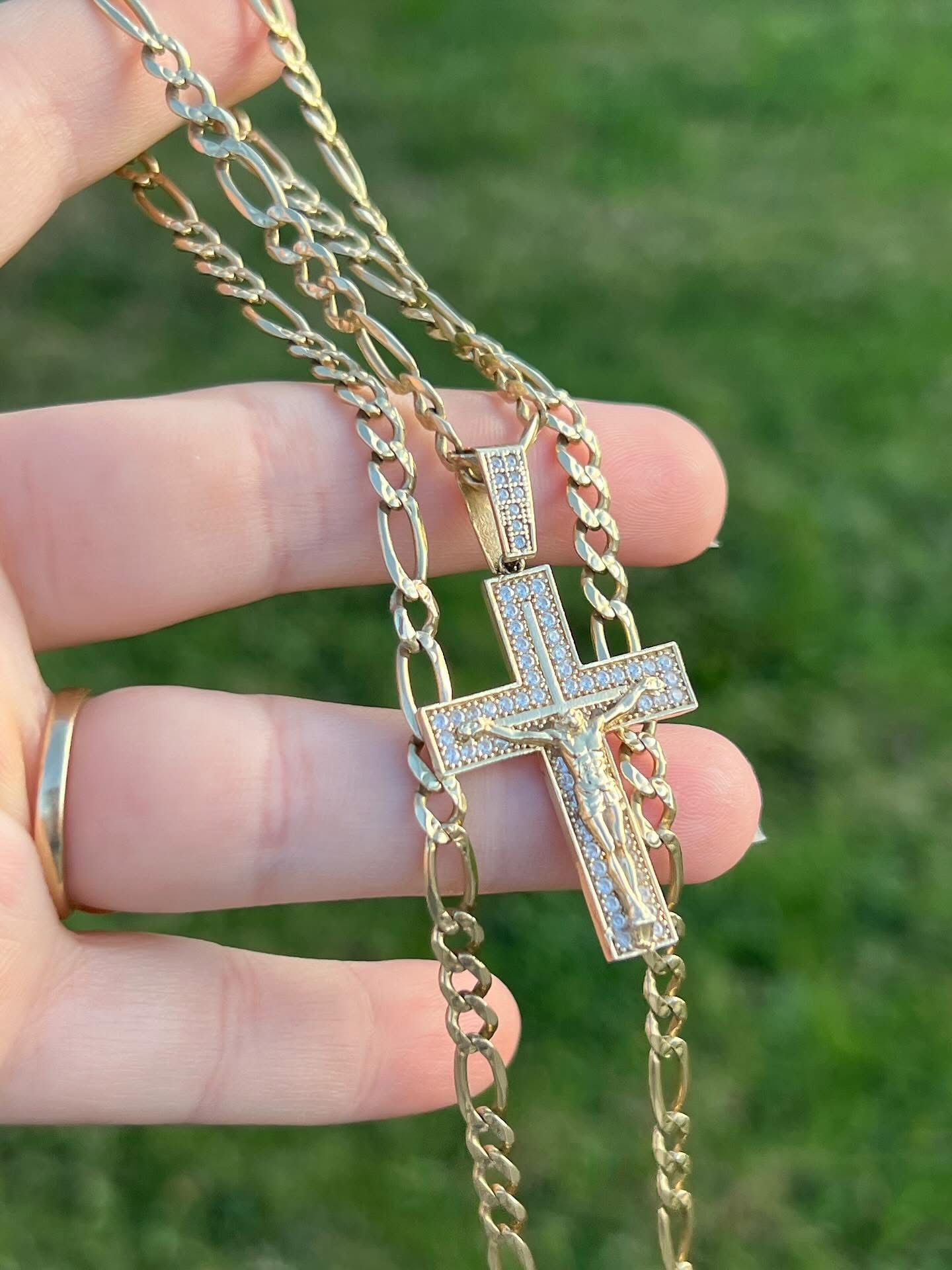 Solid 14k Gold Figaro Chain & Cross Pendant ! 20.5 Grams Heavy Solid 