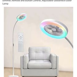 Pedestal Fan for Bedroom, Floor Lamp with RGB 18w/1500lm, 3-Speed Stand Fan Stepless Adjustable 3000K-6000K Color and Dimmer, Remote and Button Contro