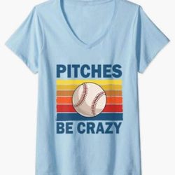 NEW! Womens "Pitches Be Crazy" Funny Baseball Softball Player V-Neck T-Shirt, LARGE