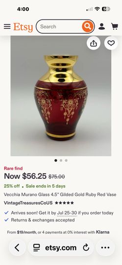 Vintage Vecchia  Murano Glass  Ruby Red Vase