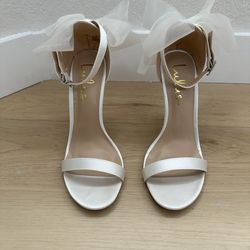Lulus Ayanna Ivory Satin Bow Ankle Strap High Heel Sandals