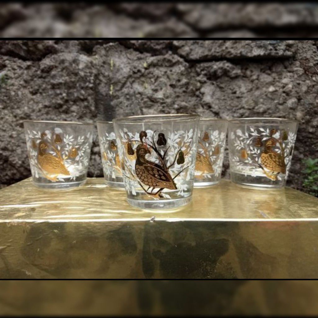 Vintage Libby gold white glasses set of 5 quail