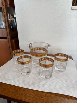 Vinatge Italian Cristallo Gold Ace of Spades Ice Bucket and Lowball Glass Set
