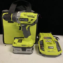 Ryobi P1813 18V 1/2” Brushless Hammer Drill Driver W/ 4Ah Battery, Charger & Bag