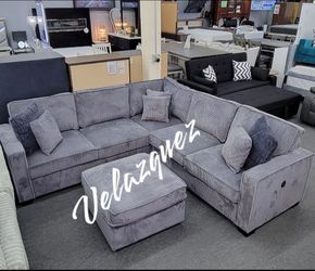 ✅️✅️4 pc dark grey corduroy fabric upholstered sectional sofa with USB plugs and ottoman✅️✅️
