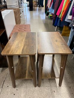 VASAGL 2-Tier Rectangular End Table Nightstand with Tapered Legs Set of 2 - Honey Brown