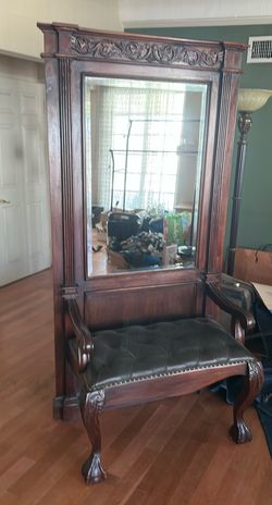 Vintage Style Ornate Carved Wooden Hall Tree Bench with Mirror – 78" x 40"
