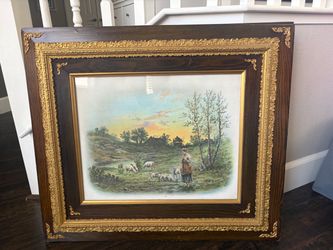 Large Antique Ornate Gold & Wood Framed Countryside Art Print — 29" x 25"