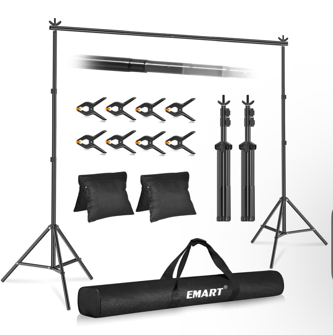 Emart Backdrop Stand 10x7ft(WxH) Photo Studio Adjustable Background Stand Support Kit with 2 Crossbars, 8 Backdrop Clamps, 2 Sandbags and Carrying Bag