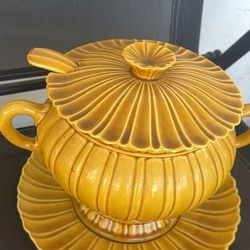Mustard Yellow Ceramic Soup Tureen with Lid and Underplate