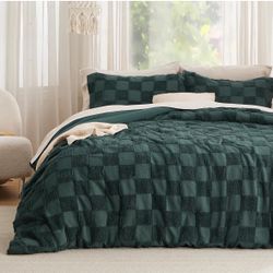 King Size Comforter Set Emerald Checkered Plaid Geometric 3 Pieces Bed Set, Bedding, Boho, Farmhouse, Shabby Chic, Tufted, 2 Pillow Shams
