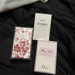 Gucci Bloom, Miss Dior Blooming, and Chanel No 5 perfume 100 ml bottles #fragrance    luxury perfume, floral scent, 100ml bottles, designer fragrance,