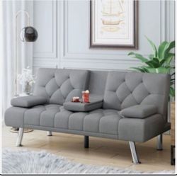 Gray Futon Couch / Sleeper Bed – Adjustable, With Tray & Pillows