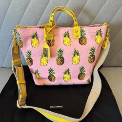 Auth Dolce & Gabbana Pineapple Print Tote Bag – Limited Edition – Pink/Yellow
