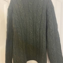 Vintage American Eagle Men’s Large Donegal Cable Knit Lambs Wool Fisherman Sweater; Forest Green