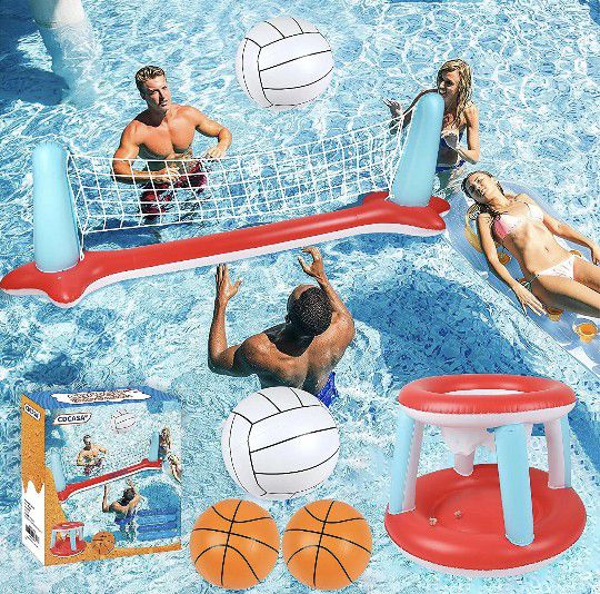 New Inflatable Floating Pool Set, Volleyball Net, Basketball Hoop, 3Balls included