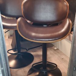 Brown Faux Leather And Wood Bar Stools 