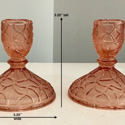Pair of Vintage Pink or Peach Etched Depression Glass Tapered Candleholders