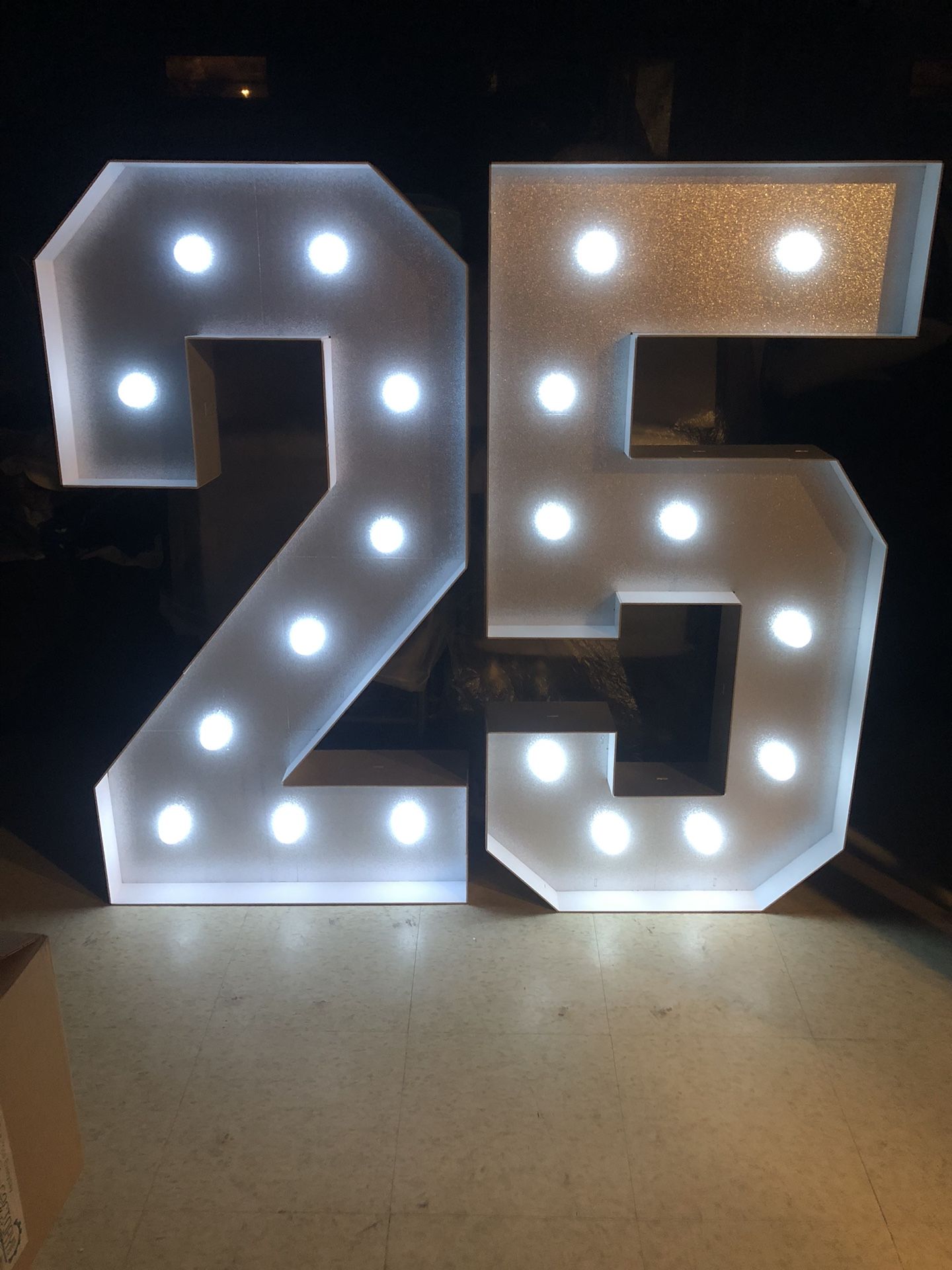 4 Foot Tall Silver And White Marquee Numbers 2 & 5.
