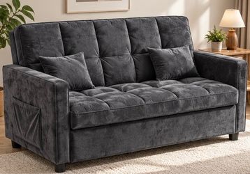 Dark Gray Velvet Convertible Sofa Bed – 3-in-1 Pull-Out Sleeper Loveseat