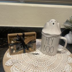 Rae Dunn Halloween mug and set   Rae Dunn Artisan Collection by Magenta Spooked Ceramic Tag w/ Beads & Tassel, New in box   Rae Dunn Boo Halloween Mug