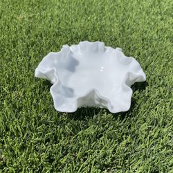 Vintage Fenton Milk Glass Hobnail Candy Dish Crimped and Ruffled Edge