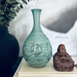 Vintage Celadon Porcelain Vase Crane Birds