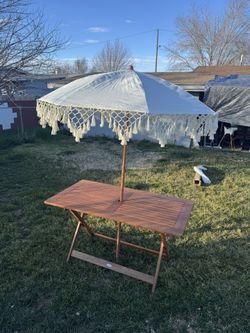 Patio Dining Table, Solid Wood Umbrella Macrame 6.5ft