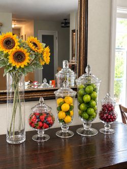 Pottery Barn Glass Apothecary Jars with Lids & Tall Vase