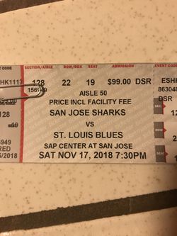Sharks tix vs st louis blues 17 nov 2018 7:30 pm great seats $200 face value...