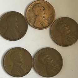 Five Rare Vintage 5 X Coins Wheat Penny Lincoln 1 C