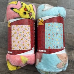 Pokemon Pink & Blue Silk Touch Throw Blanket 40x50 (Sold Together)