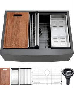 36 Inch Black Farmhouse Sink Undermount - PEPO 36 X 22 Gunmetal Black Farmhouse Kitchen Sink Ledge Workstation Apron Front 16 Gauge Stainless Steel De