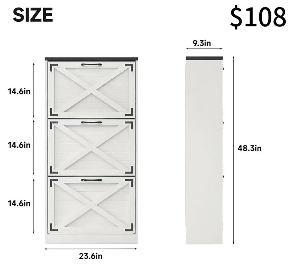 😀 24" W Farmhouse Shoe Cabinet Storage for Entryway, Freestanding Organizer with 3 Flip Drawers, Narrow Shoe Rack Cabinet