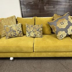 Yellow Couch With Accent Pillows 