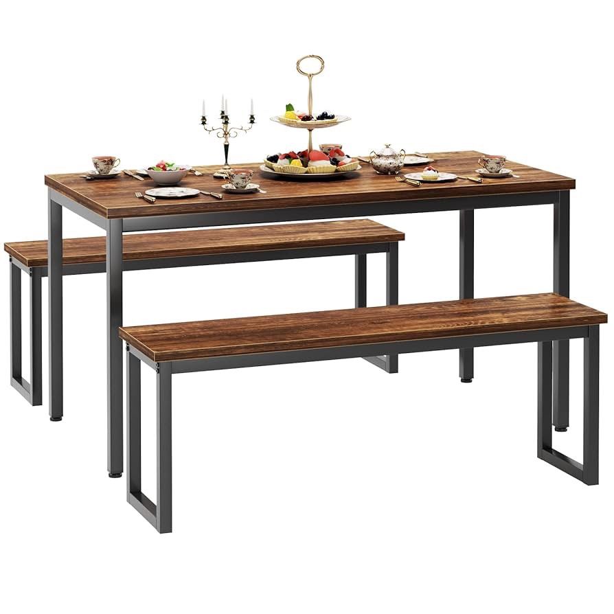 Kitchen Table Set with 2 Benches, Bench Dining Table Set for 4, 3 Piece Dining Room Table and Long Benches, Breakfast Table Coffee Table Set, Industri