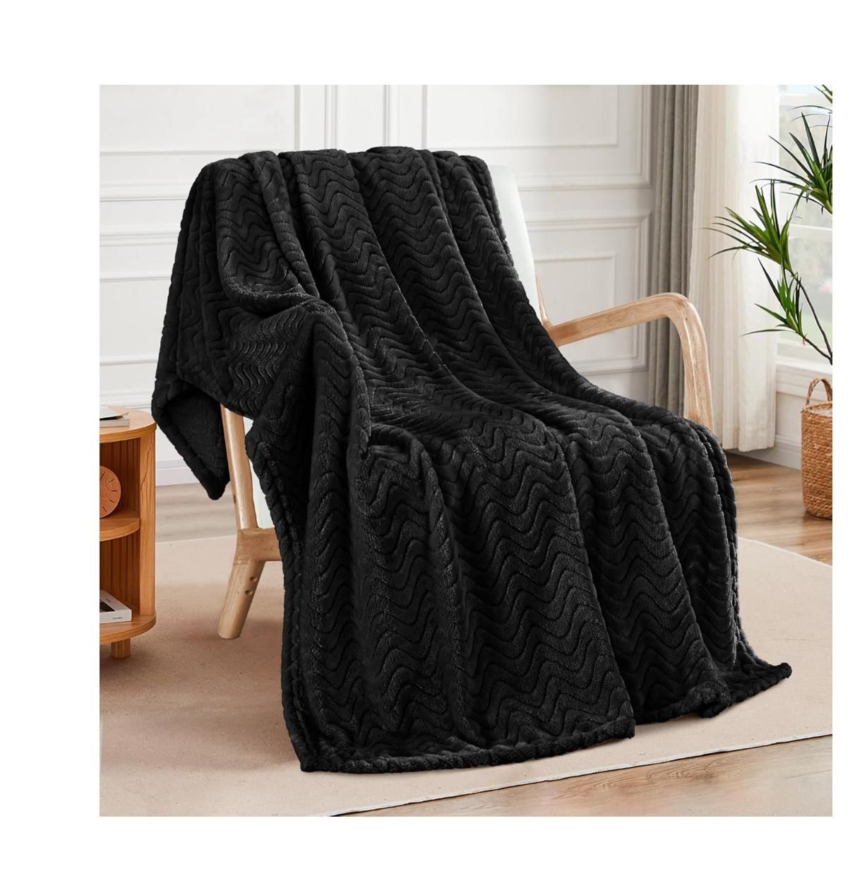 Soft Fleece Blanket Queen Size, Cozy Lightweight Blankets with Decorative Wave Textured Suitable for All Season Use, Black, 90x90 Inches