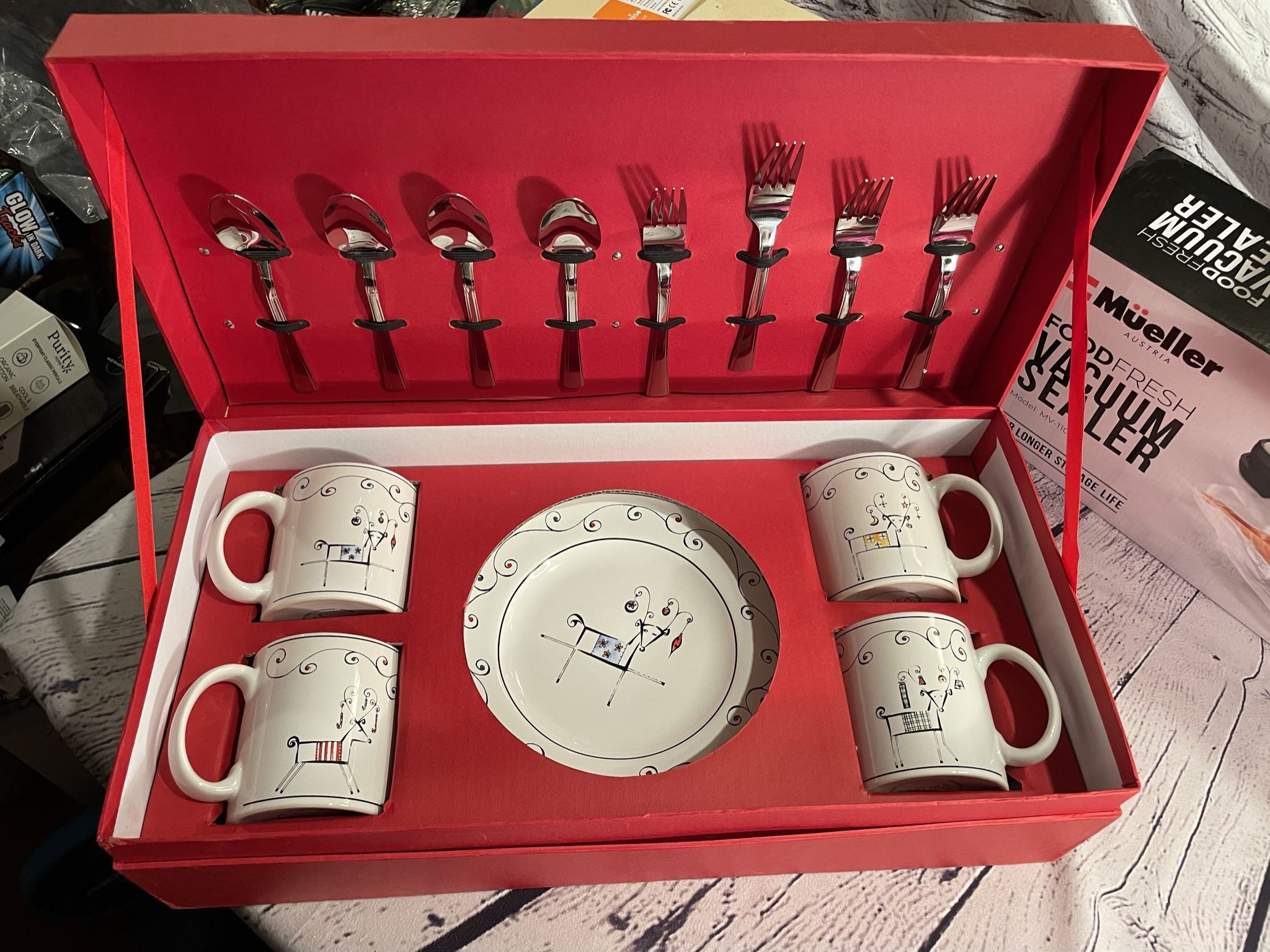 NEW Sakura Holiday Patchwork Set of Vintage Stoneware Mugs & Desert Plates; Reindeer Motif; 4 Mugs, 4 Desert Plates, 4 Forks & 4 Spoons; Price Is Firm