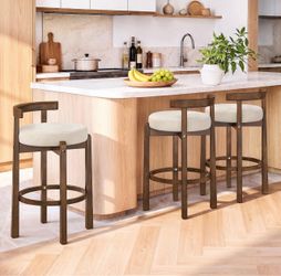 Set of 3, 26" Linen Upholstered Low Back Bar Chairs with Rubberwood Frame