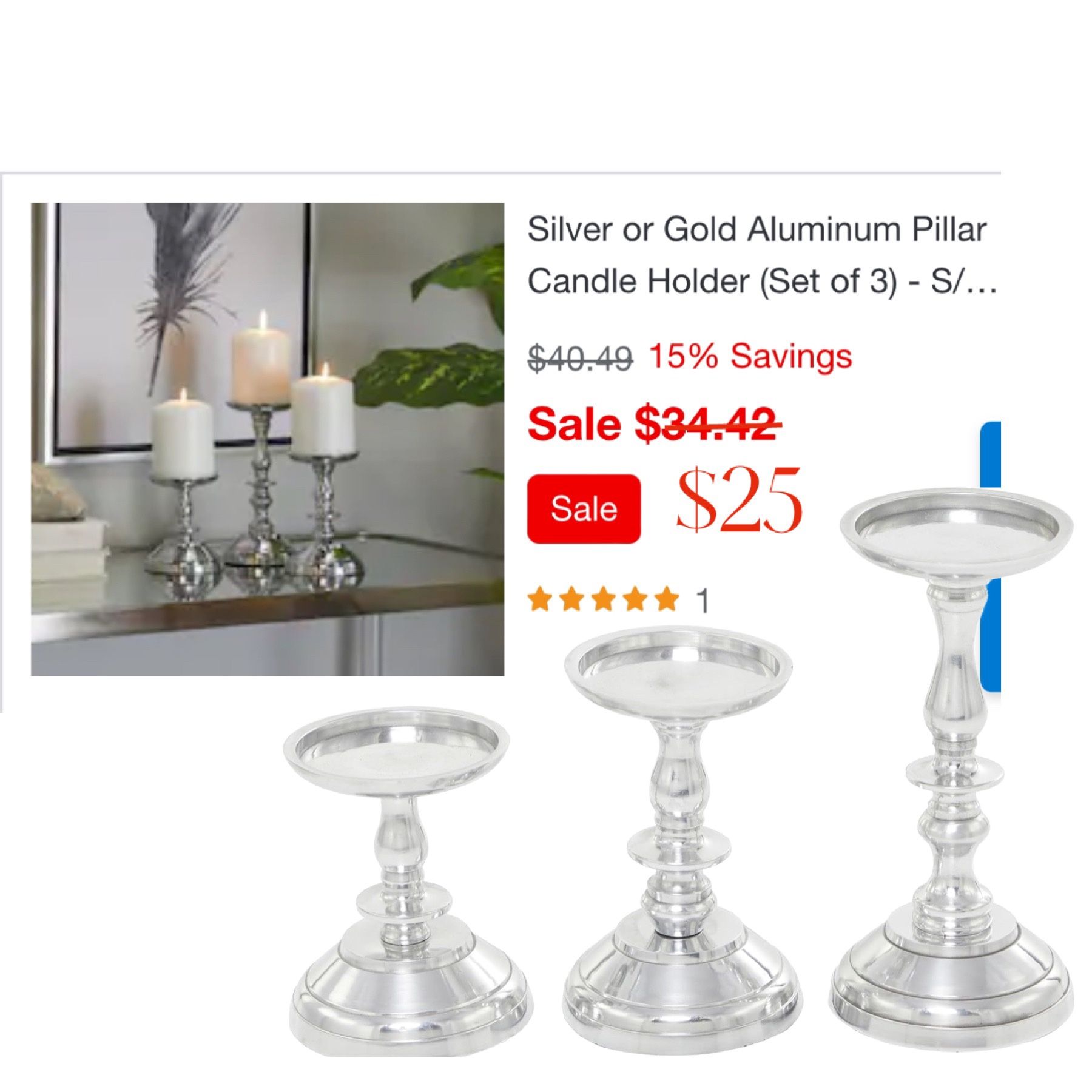Deco 79 Aluminum Pillar Candle Holder, Set Of 3 8", 6", 5"H, Silver