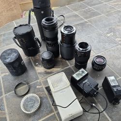 Vintage Camera Lenses And Bag