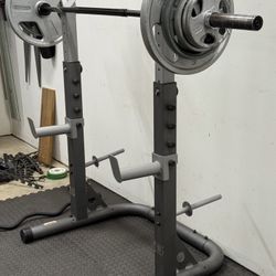 Workout Squat Rack w/ adjustable bench, barbell, weights