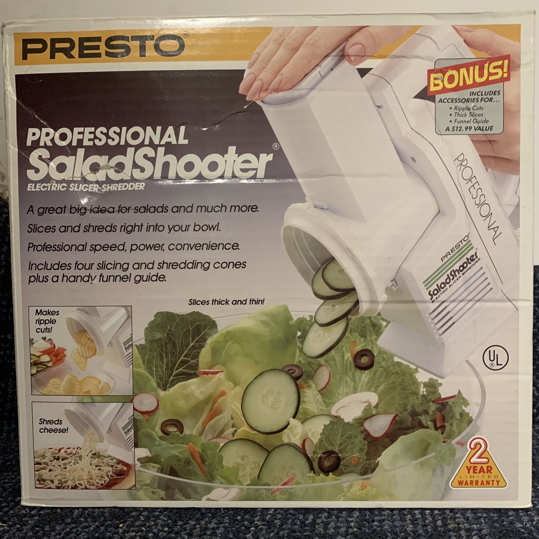Presto Salad Shooter Electric Slicer Shredder w/ 2 Cones 02910