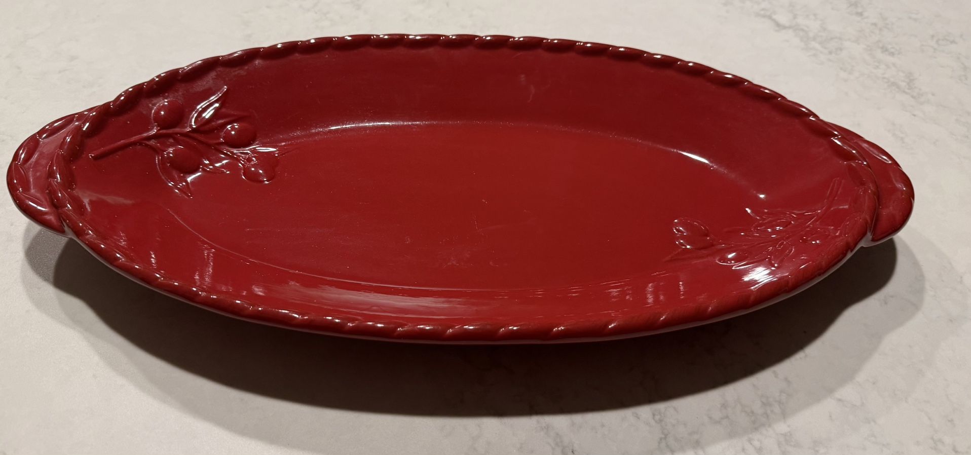 Napa Serveware Red Oval Serving Dish w/ Scalloped Edge and Handles