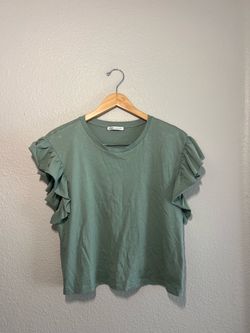 Zara Sage Green Ruffle Sleeve T-Shirt