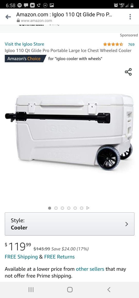 Igloo 110 Qt Glide Pro Portable Large Ice Chest Wheeled Cooler