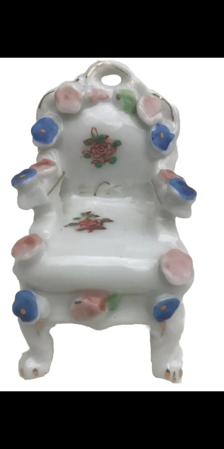 Antique 1940s Figurine Porcelain Hand Painted Dollhouse Gold Gilding Chair Miniature Occupied Japan