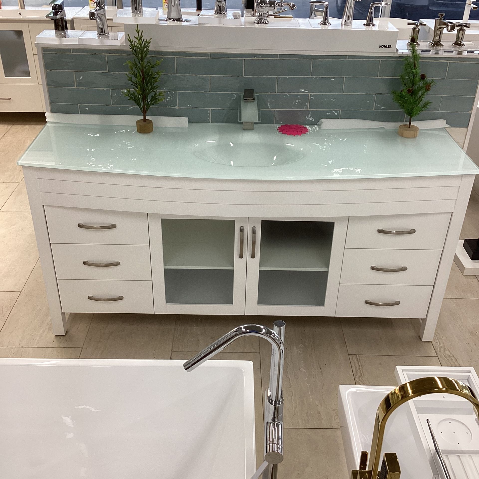 72” Bathroom Vanity Cabinet White/White Tempered Glass Soft Close Drawers And Cabinets Brushed Nickel Handles Ready To Pick Up Today